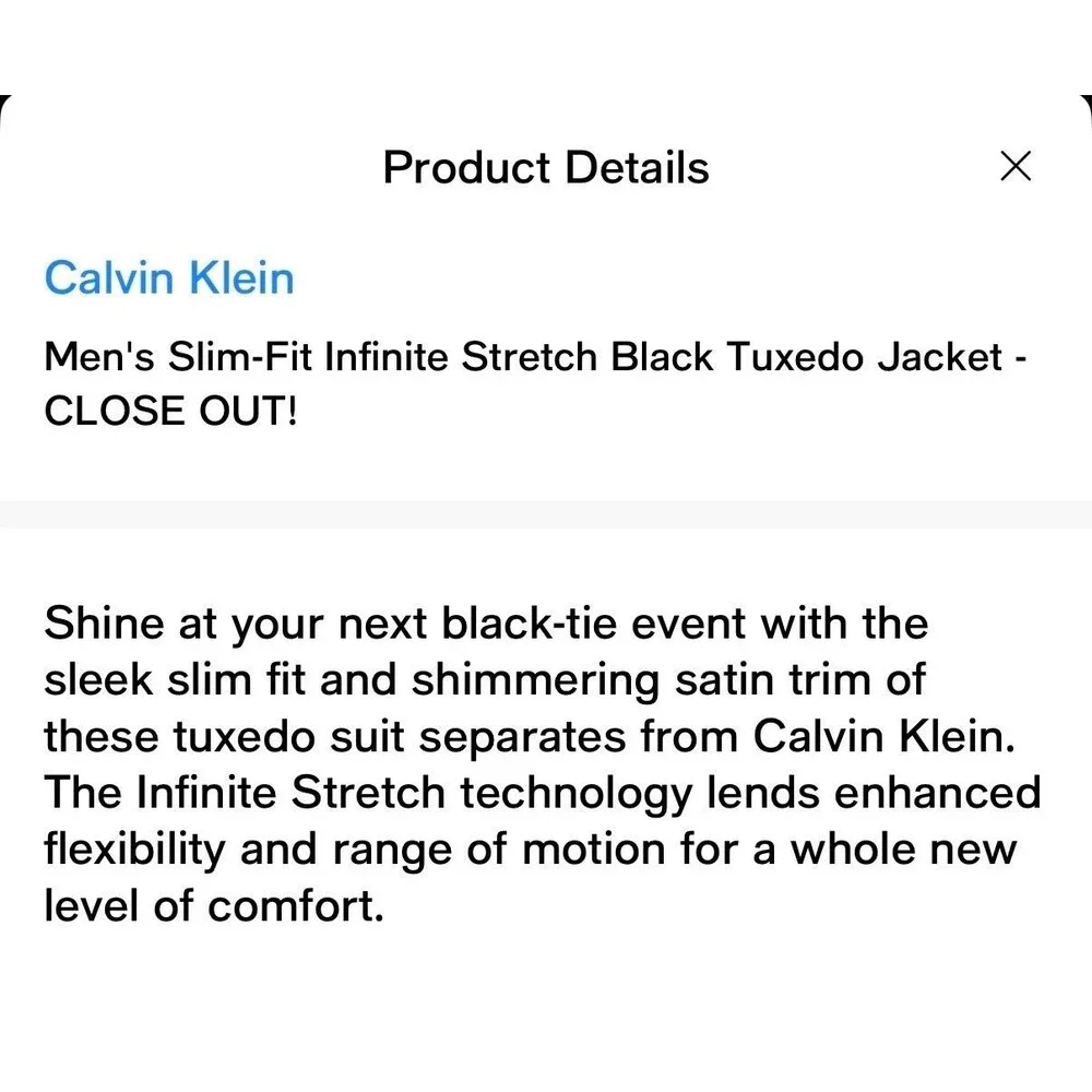 $480 NEW CALVIN KLEIN Mens 38R Black Slim Tuxedo Blazer Sport Coat Suit Jacket